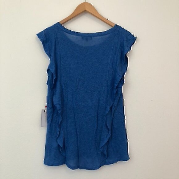 NEW NWT 1.STATE Ruffle Linen Top Bright Blue Short Cap Sleeve 100% LINEN - FLAW - Picture 6 of 8